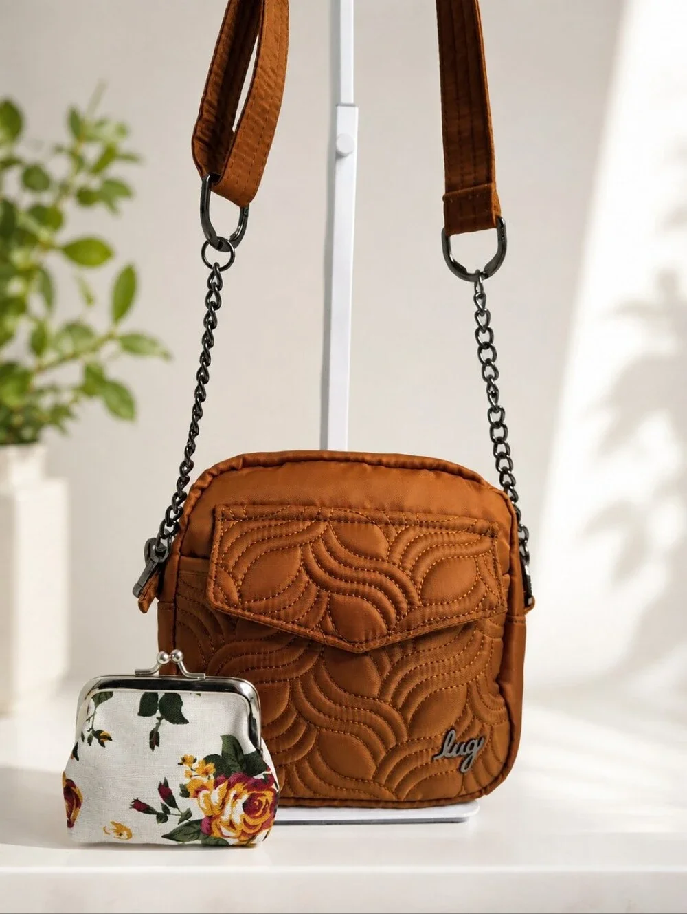 Lug Swing Copper Brown Quilted Convertible Crossbody Bag w/Coin Purse Set